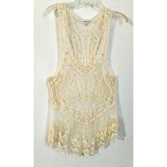 Roommates Crochet Mesh Top Women's Sz L Ivory Sleeveless Embroidered Sheer Boho - Picture 11 of 13